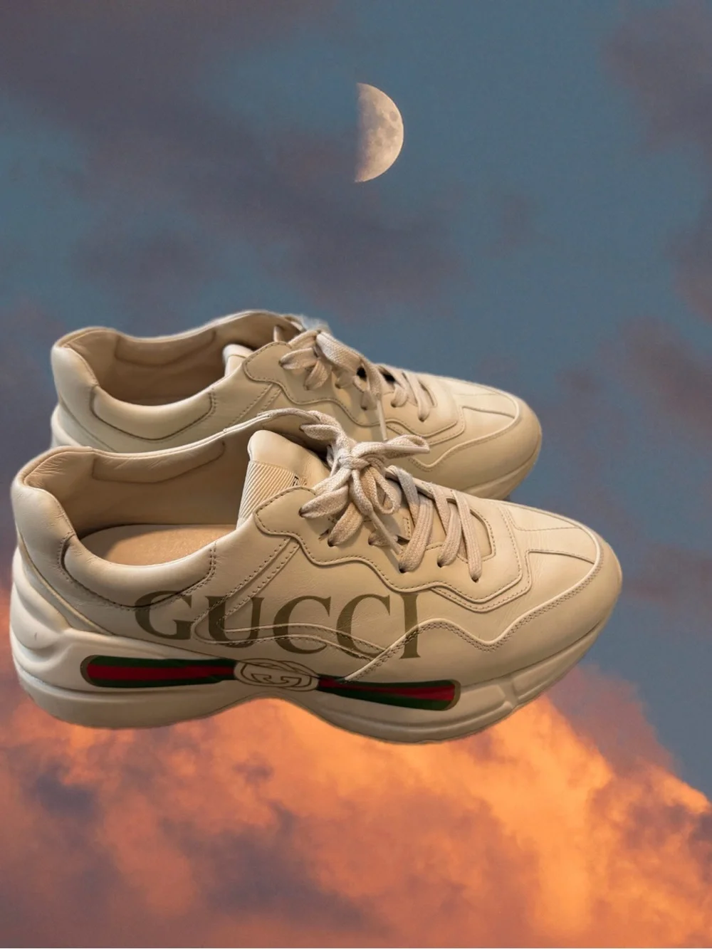 Gucci Cream Leather Sneakers with Green-Red Web Accent